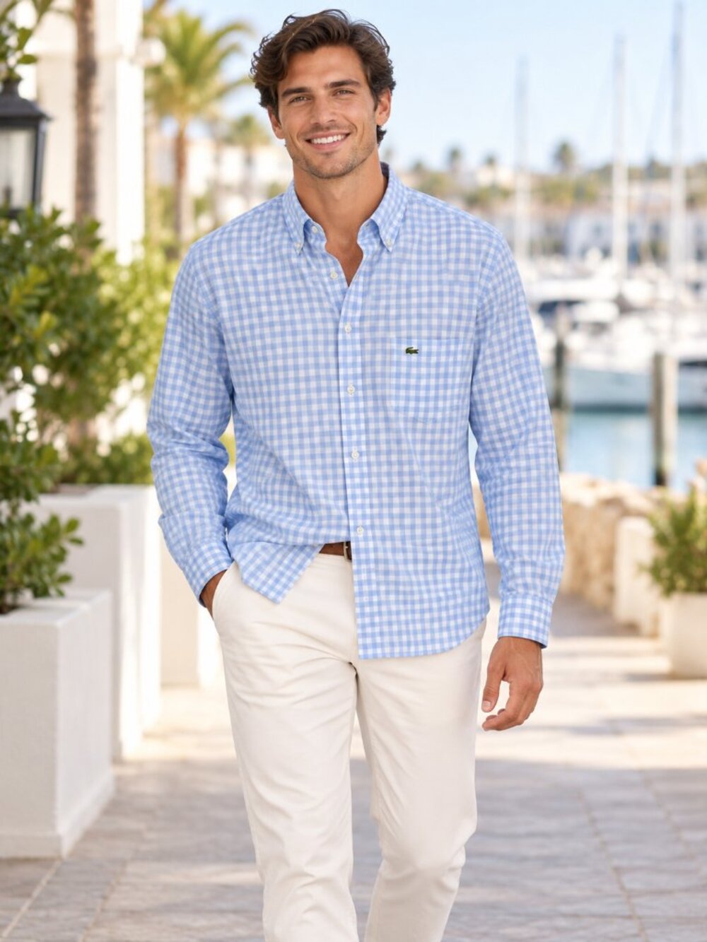 Lacoste Shirt 42 Size Large Blue Gingham Check Button Down Long Sleeve Classic